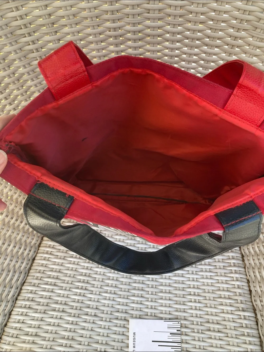 Red Graphic Messenger Tote with Black & White Opera Motif